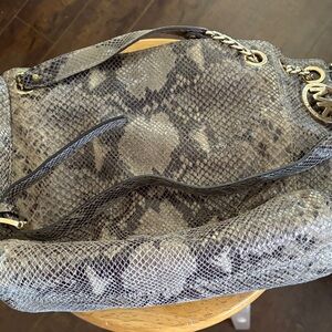 Michael Kors Taupe Snake-Print Leather Shoulder Bag with Gold Hardware